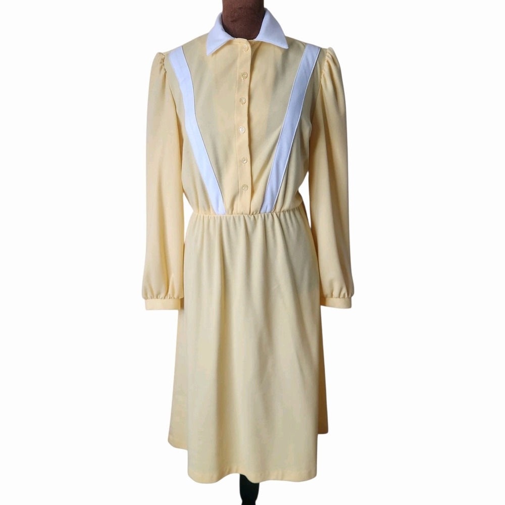 Vintage 70s Yellow Academia‎ Secretary Dress White Trim Union Made USA 12 P